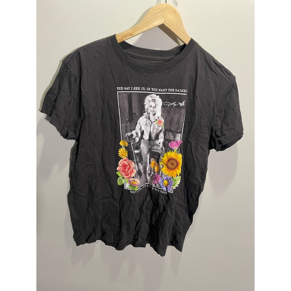Dolly Parton Graphic T-Shirt‎ Charcoal Gray Rainbow Quote Floral Women Medium - Picture 2 of 4